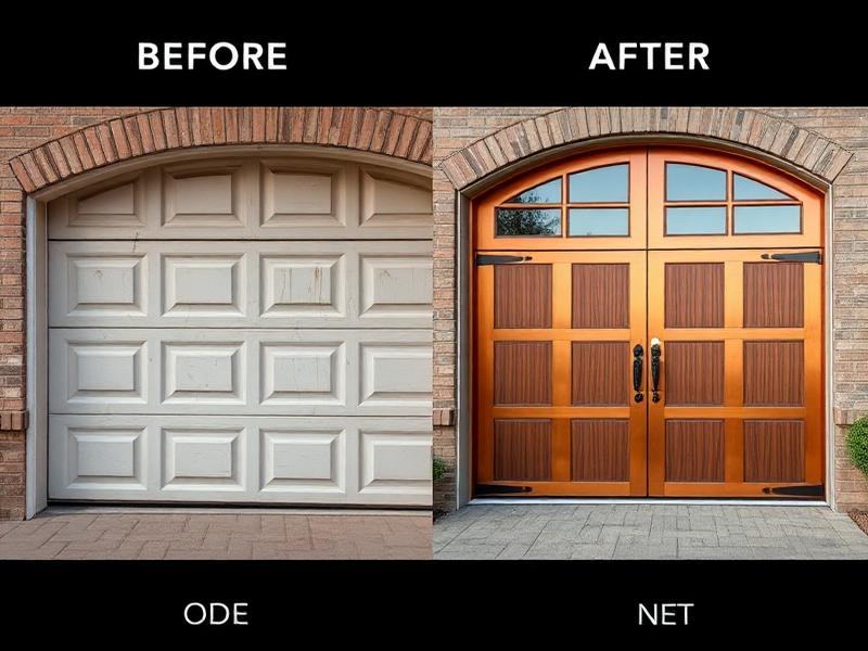 Before and after garage door replacement showing dramatic transformation